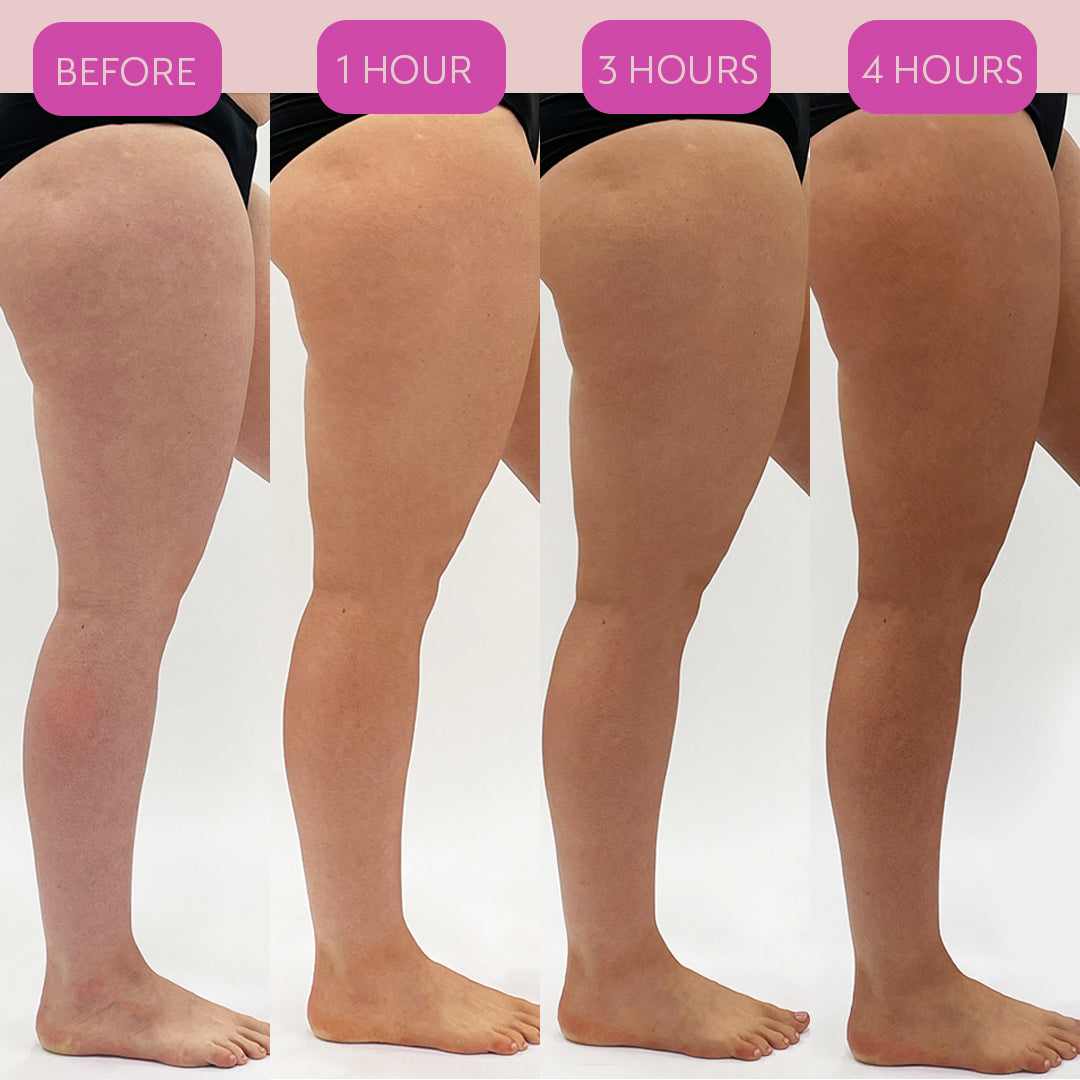 Progressive before and after image showing a woman’s legs after applying He-Shi Rapid Liquid Tan. The image is divided into four panels labeled “Before,” “1 Hour,” “3 Hours,” and “4 Hours,” showing a gradual deepening of tan colour over time—from fair skin to a rich, sun-kissed glow.